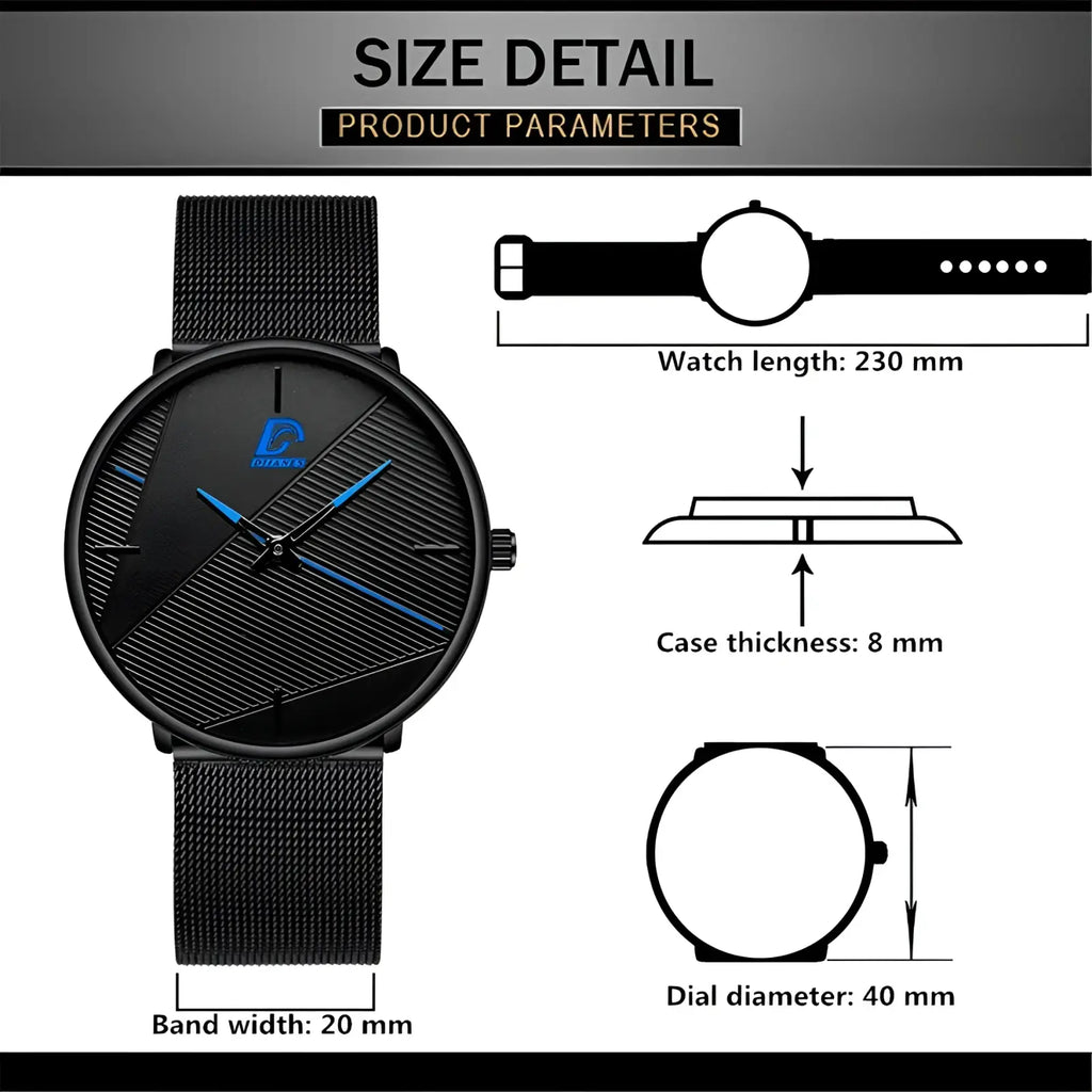 Minimalist black mesh men’s quartz watch with a sleek black case and blue accent hands