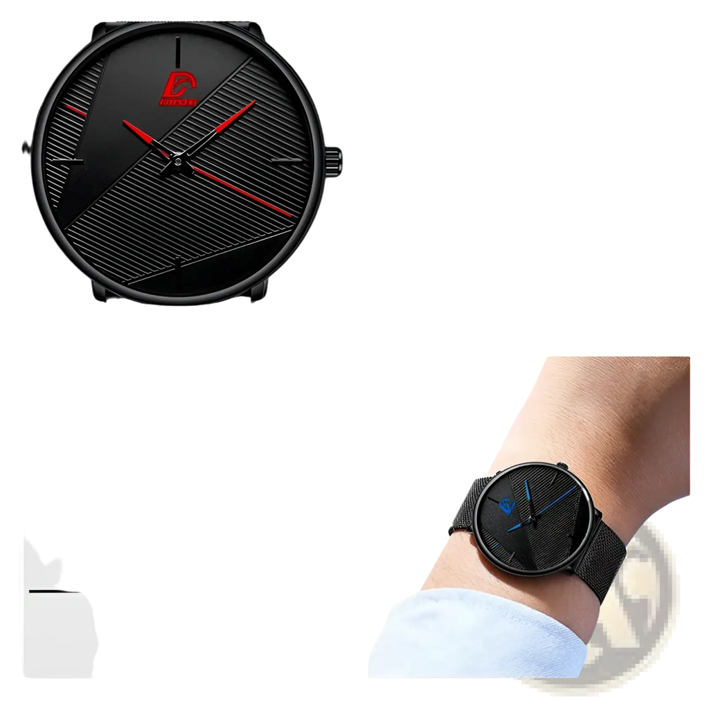 Minimalist black mesh men’s quartz watch with a textured dial red hour and minute hands and black mesh strap