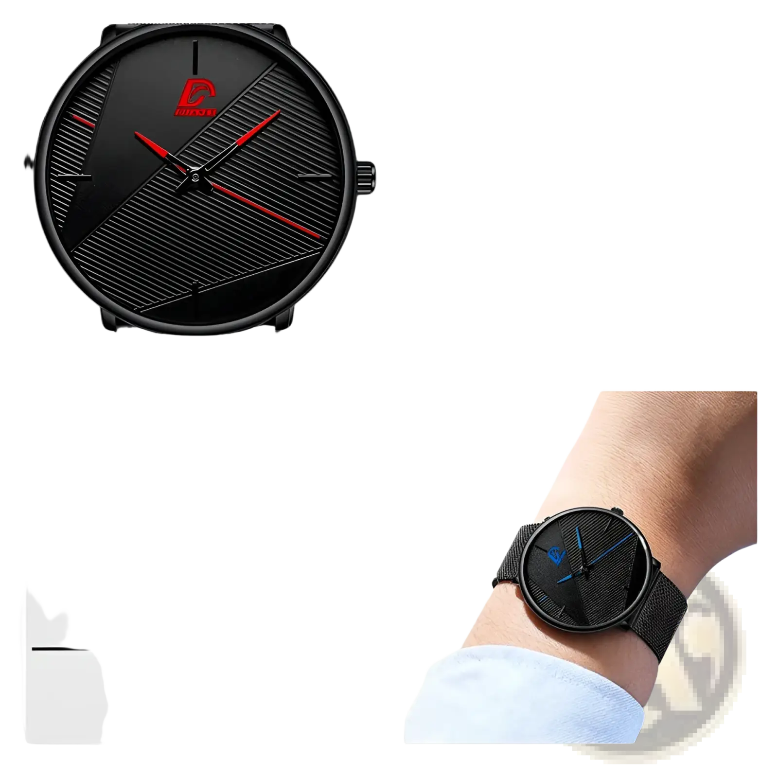 Minimalist black mesh men’s quartz watch with a textured dial red hour and minute hands and black mesh strap