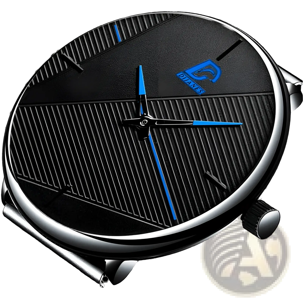 Minimalist black mesh men’s quartz watch with a black textured face, blue hands, and silver-toned mesh strap
