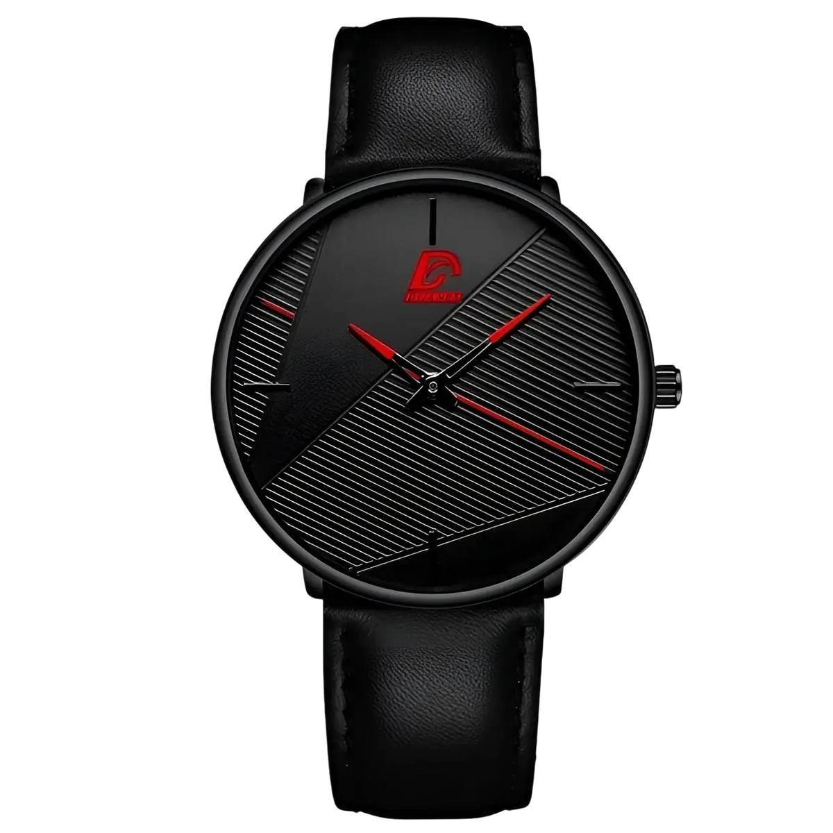 Minimalist black mesh men’s quartz watch with black leather strap, sleek black dial, red accents, and diagonal striped patterns