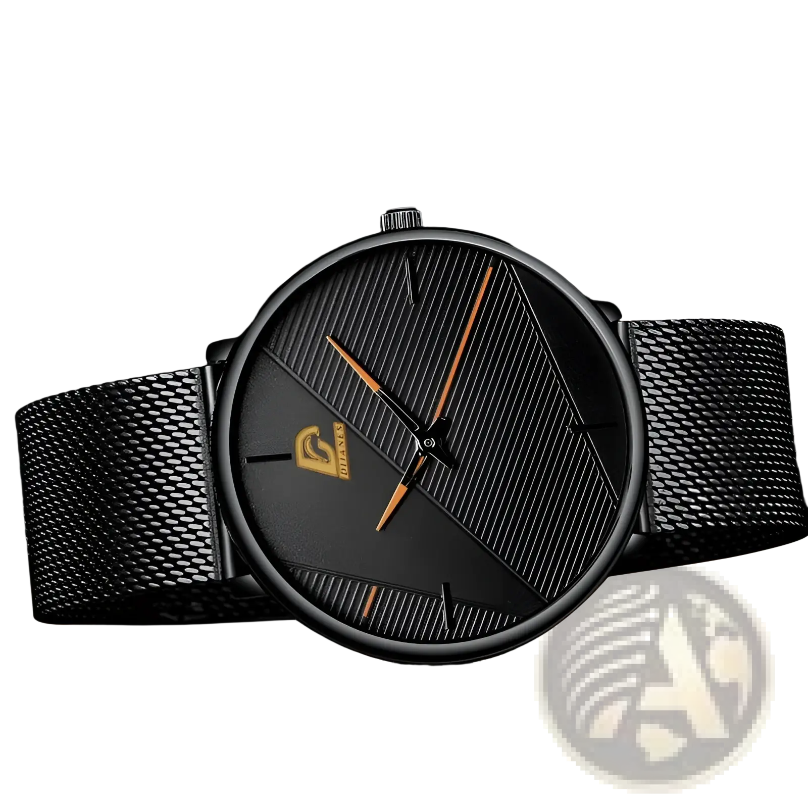 Minimalist black mesh men’s quartz watch with sleek design gold-toned hands and subtle gold logo on dial
