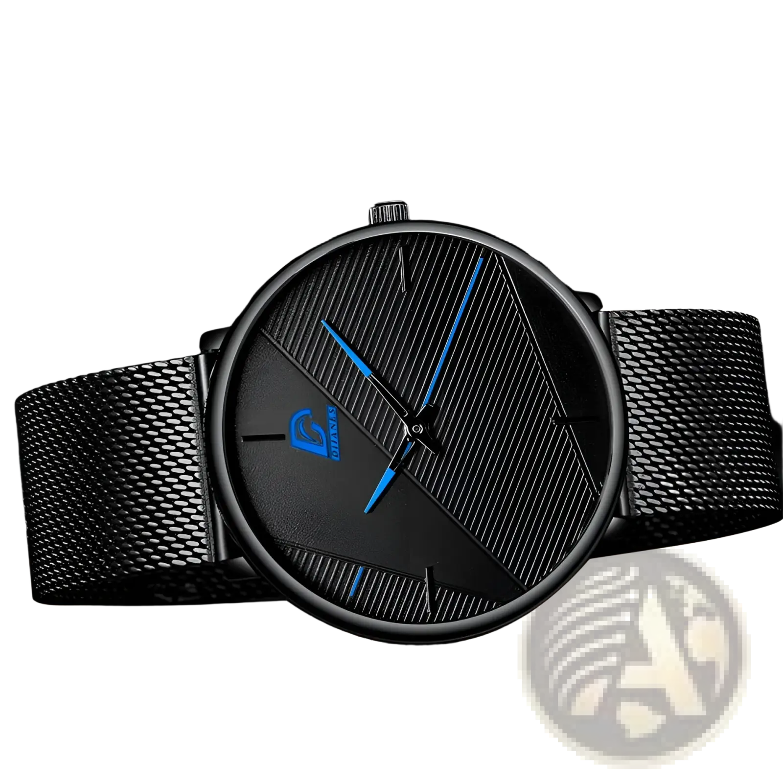 Minimalist black mesh men’s quartz watch with sleek design, blue hands, and subtle logo on the dial