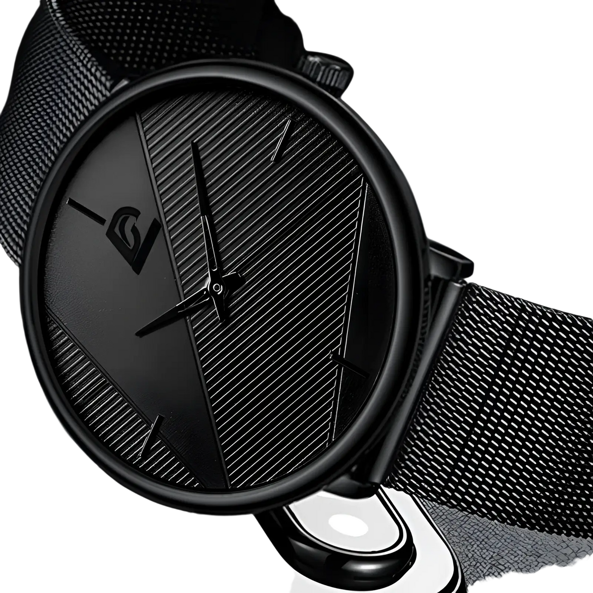 Minimalist black mesh men’s quartz watch with sleek dial featuring diagonal texturing and subtle branding