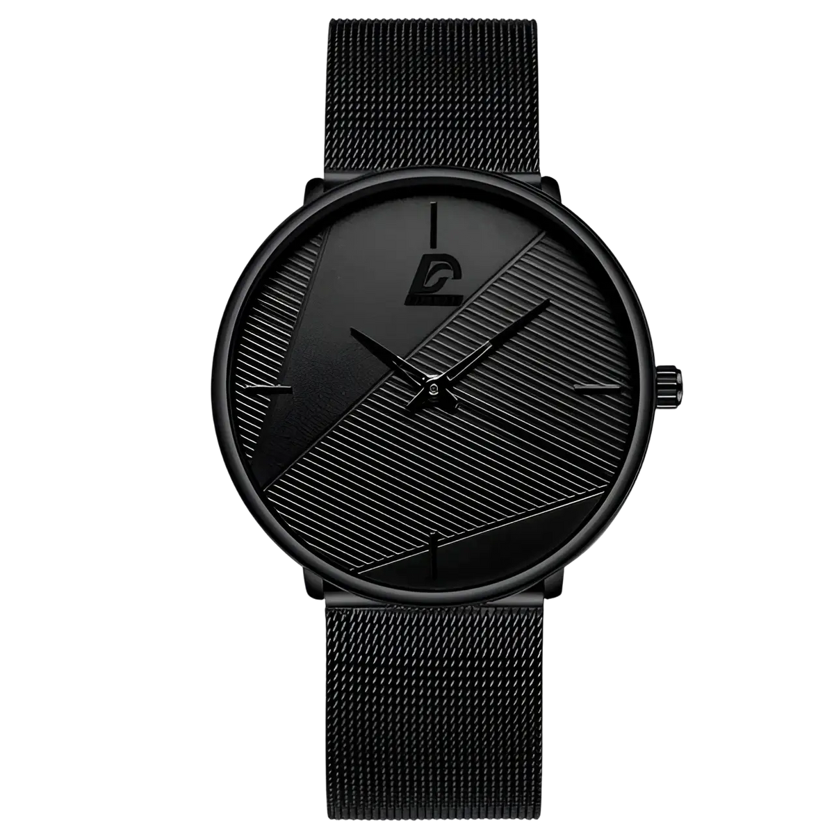 Minimalist black mesh men’s quartz watch with a sleek dial featuring diagonal textured stripes and a subtle logo