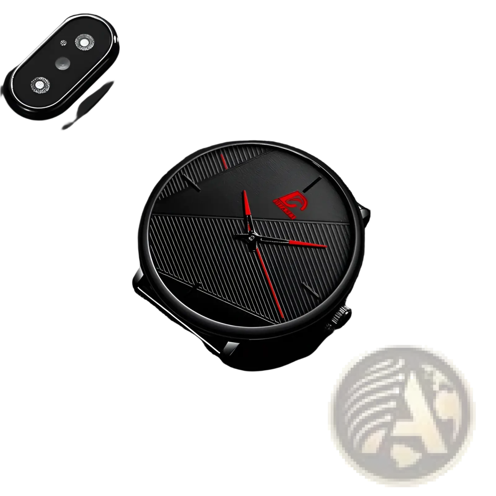 Minimalist black mesh men’s quartz watch with a mesh strap and red accents on the hands and logo