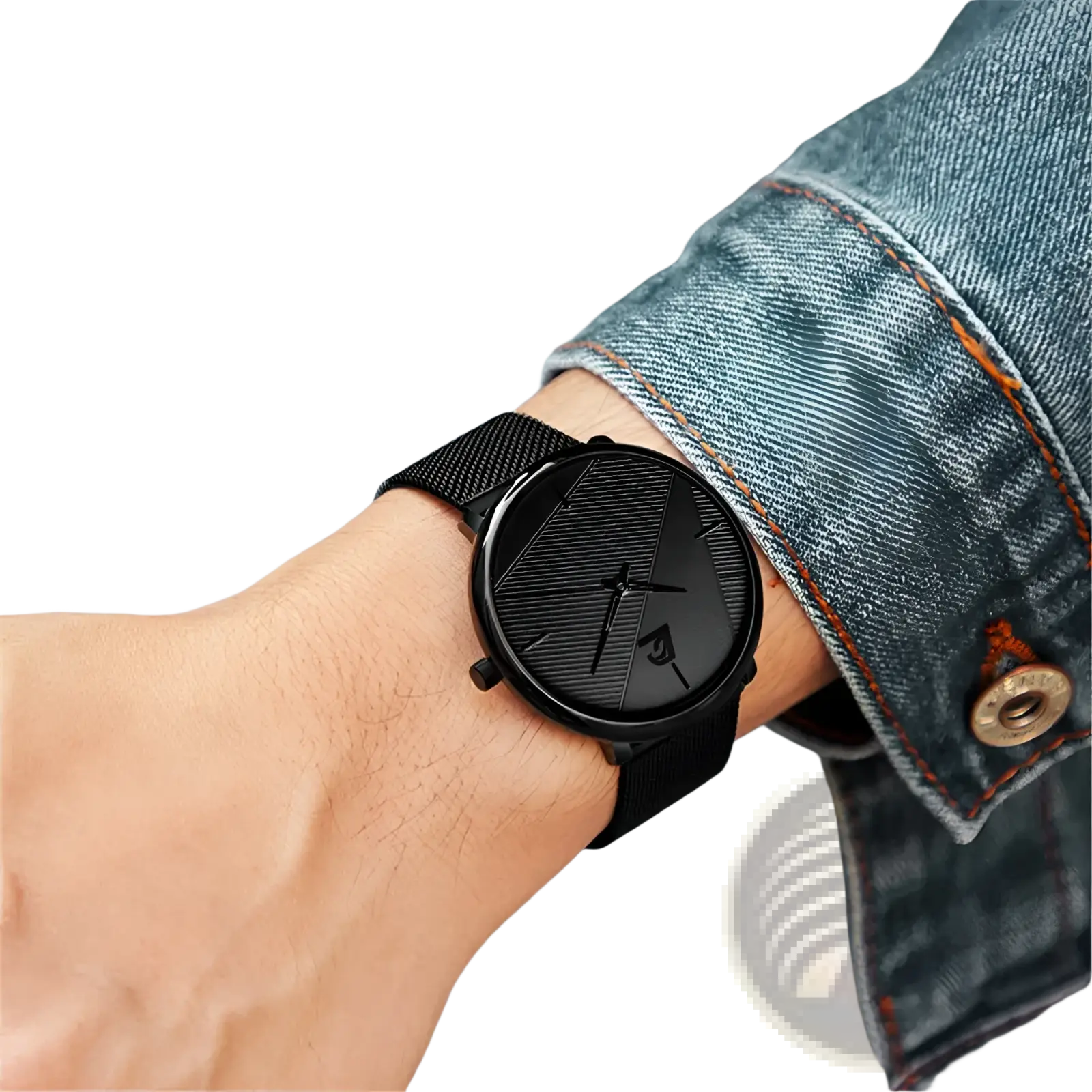 Minimalist black mesh men’s quartz watch with a sleek dial featuring subtle diagonal texturing and slim hands