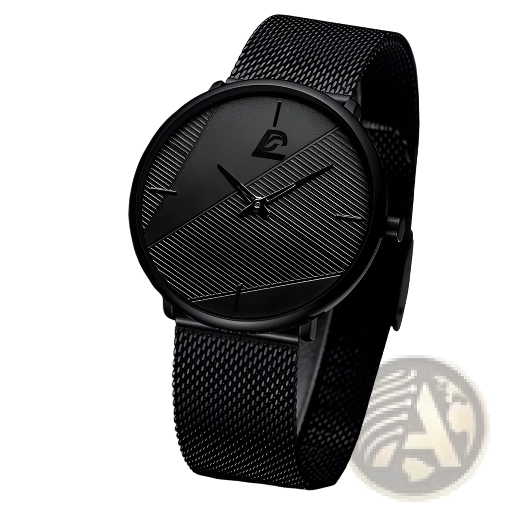 Minimalist black mesh men’s quartz watch with sleek dial featuring diagonal textured stripes and subtle logo