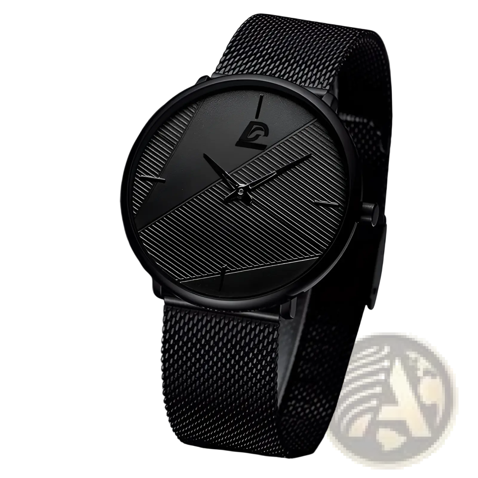 Minimalist black mesh men’s quartz watch with sleek dial featuring diagonal textured stripes and subtle logo