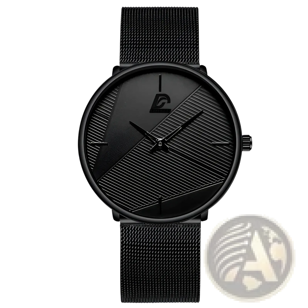 Minimalist black mesh men’s quartz watch with a sleek dial featuring diagonal textured stripes and a subtle logo