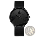 Minimalist black mesh men’s quartz watch with a sleek dial featuring diagonal textured stripes and a subtle logo