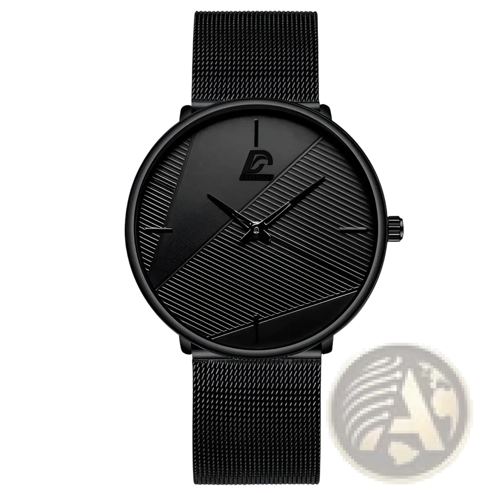 Minimalist black mesh men’s quartz watch with a sleek dial featuring diagonal textured stripes and a subtle logo