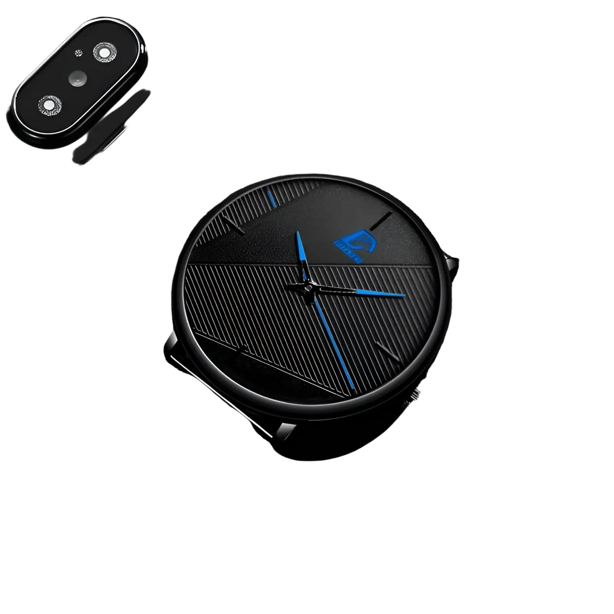 Minimalist black mesh quartz watch men with sleek design bold blue hands and geometric dial patterns