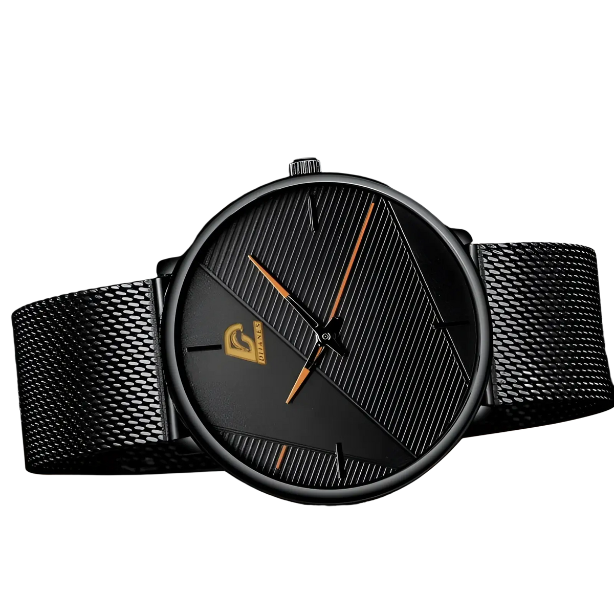 Minimalist black mesh quartz watch for men with gold-toned hands and a subtle gold logo on the dial