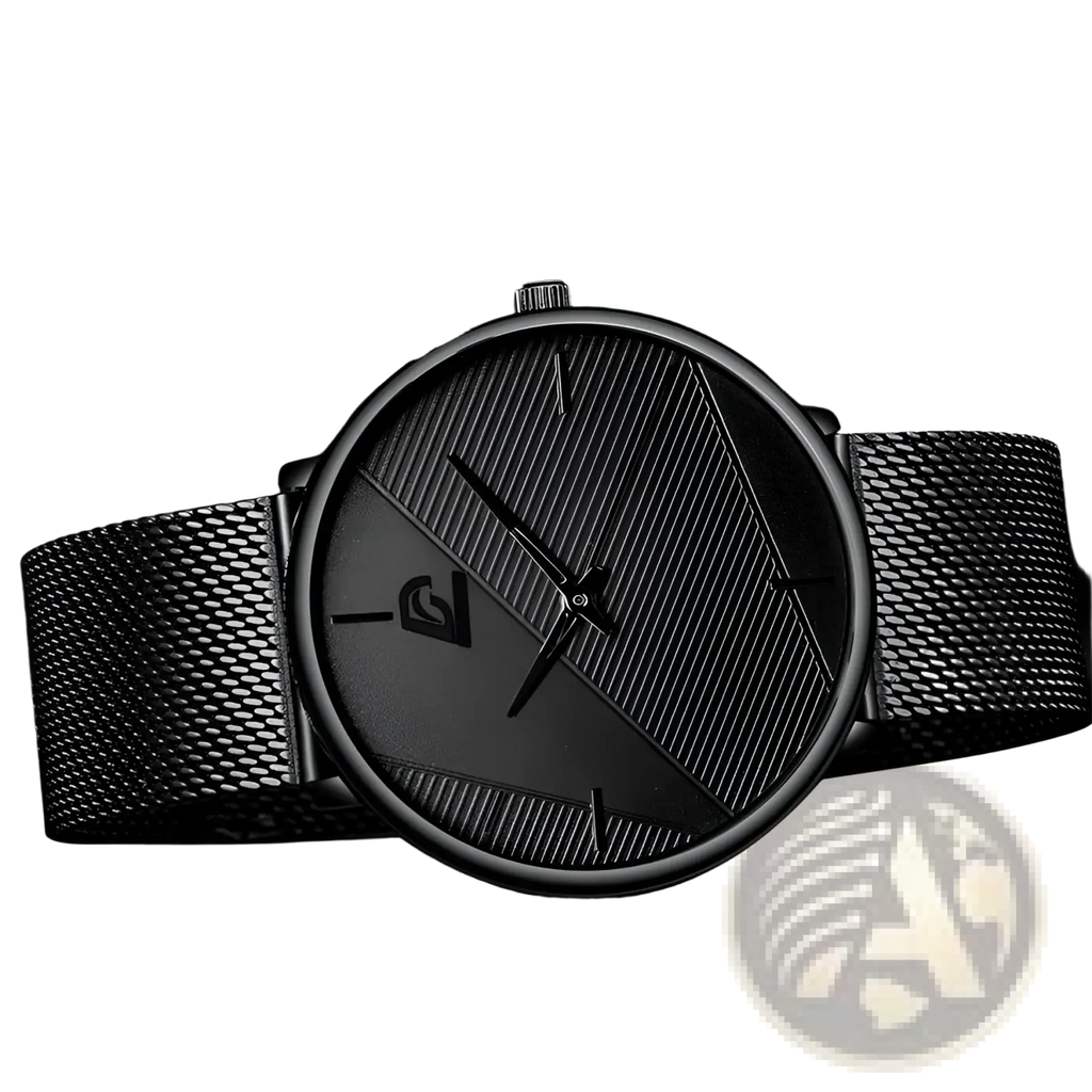 Minimalist black mesh quartz watch for men with a diagonal textured stripe dial and subtle hour markers