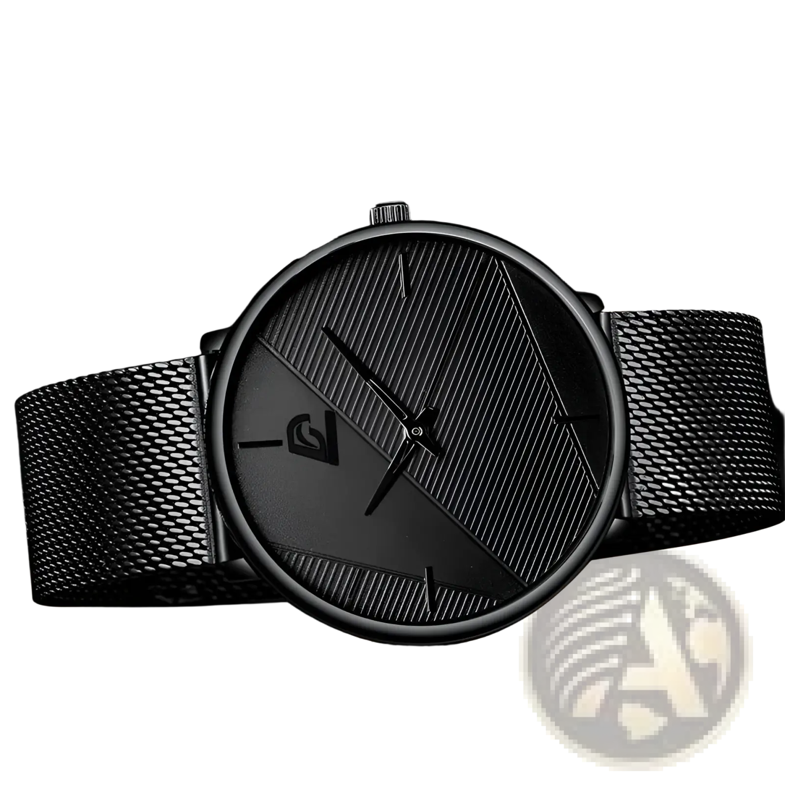 Minimalist black mesh quartz watch for men with a diagonal textured stripe dial and subtle hour markers