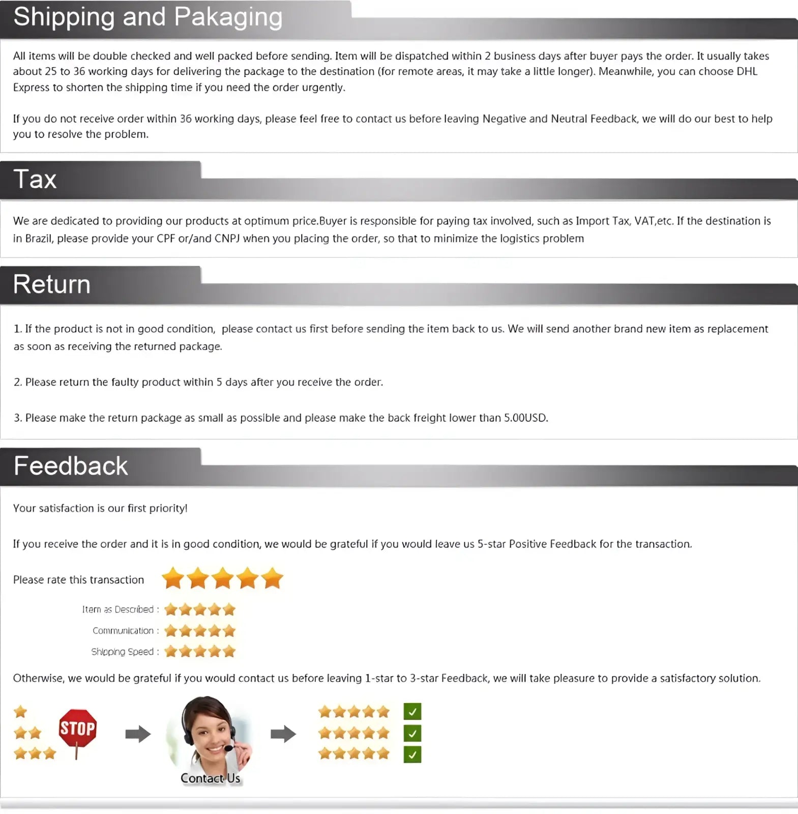 Customer service policy page for minimalist black mesh quartz watch men detailing shipping packaging tax returns feedback and contact