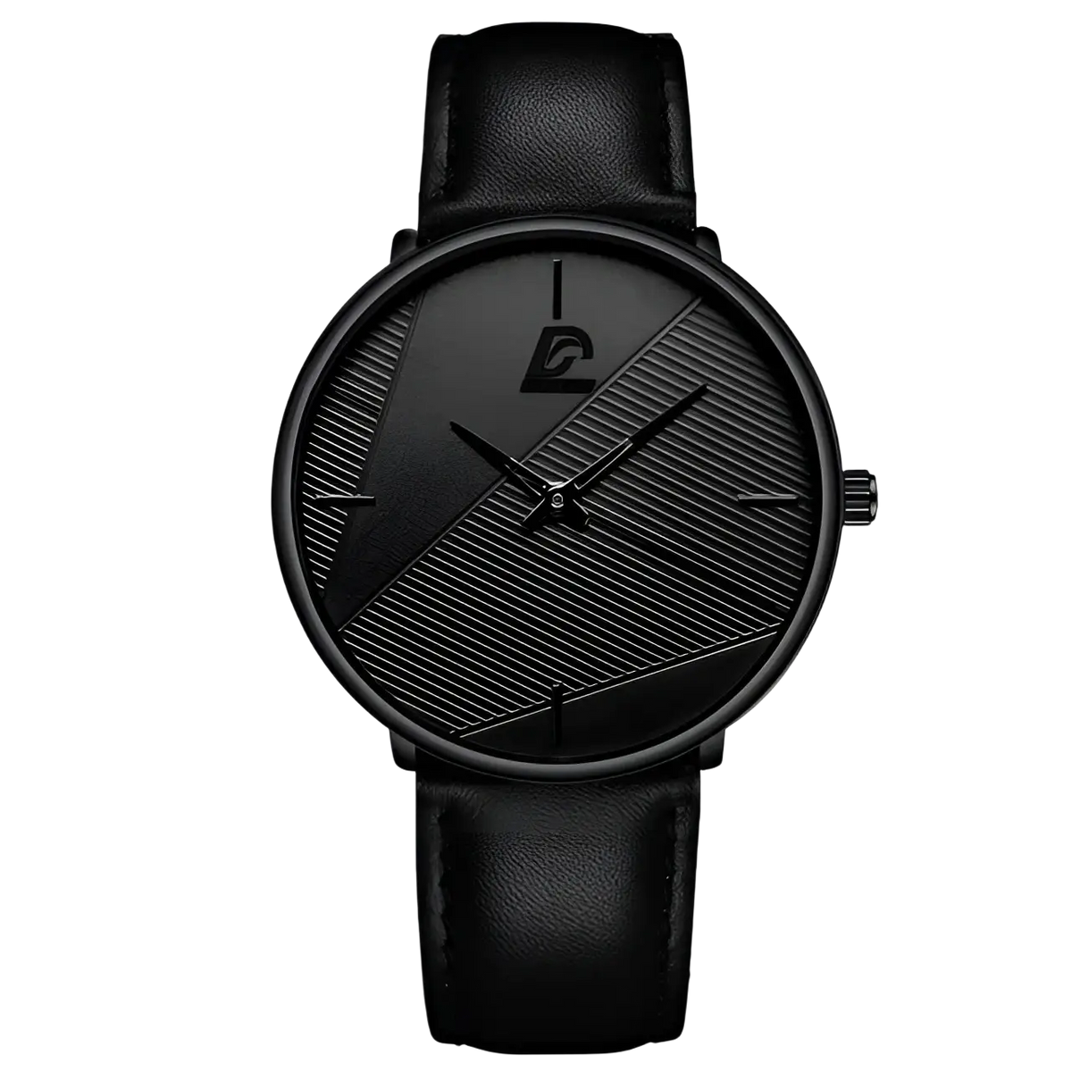 Minimalist black mesh quartz watch men with a black leather strap and a diagonal textured striped dial