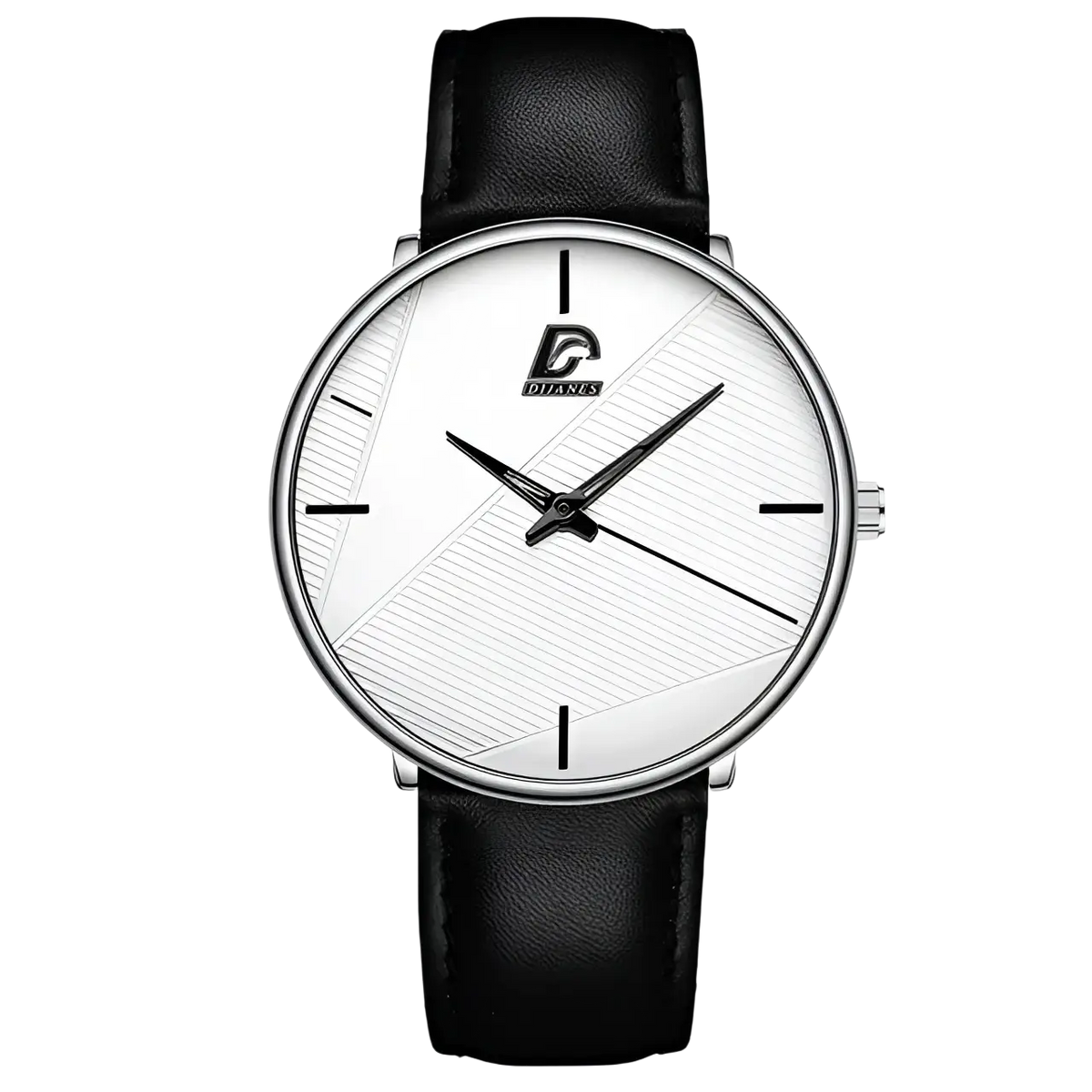 Minimalist black mesh quartz watch men with black leather strap silver-toned case and white dial featuring dianes logo