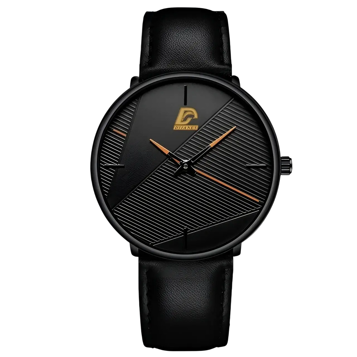 Minimalist black mesh quartz watch men with black leather strap, diagonal textured dial, gold-tone hands, and logo
