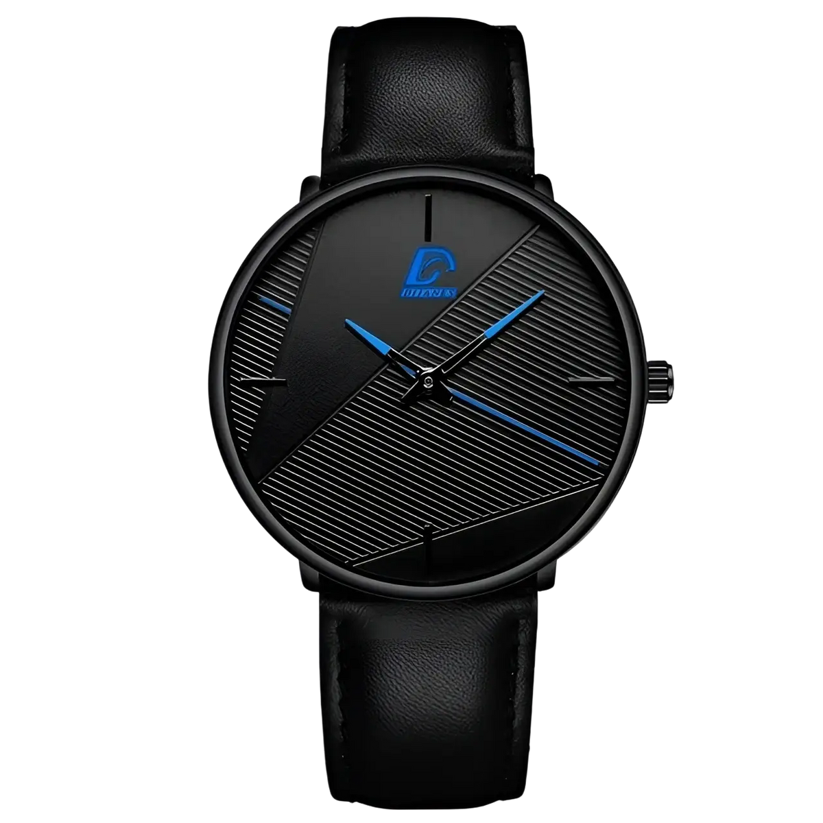 Minimalist black mesh quartz watch men with black leather strap, ribbed black dial, blue hands, and blue logo at 12 o’clock