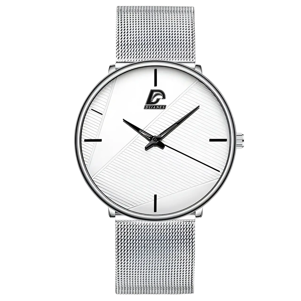 Silver mesh bracelet watch for men with a white diagonal line dial and black hour markers branded dianes