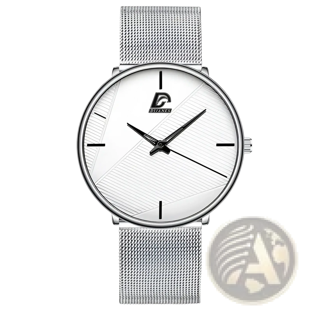 Silver mesh bracelet watch for men with a white diagonal line dial and black hour markers branded dianes