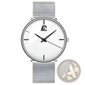 Silver mesh bracelet watch for men with a white diagonal line dial and black hour markers branded dianes