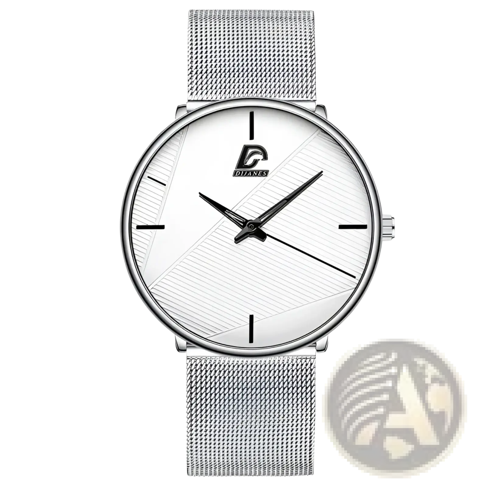 Silver mesh bracelet watch for men with a white diagonal line dial and black hour markers branded dianes