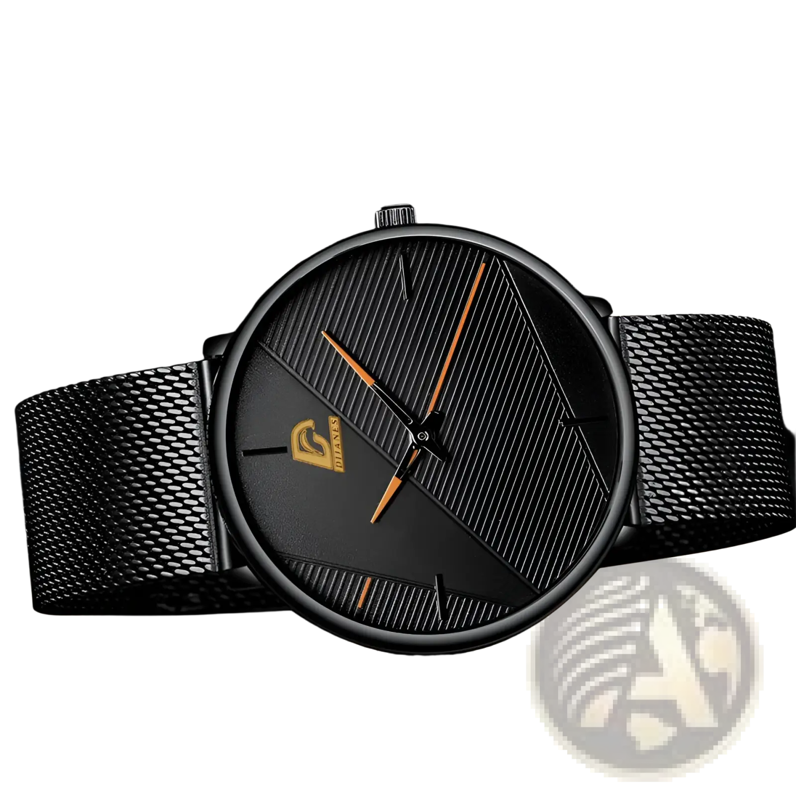 Minimalist black mesh quartz watch men featuring a sleek design with gold-toned hands and hour markers on textured dial