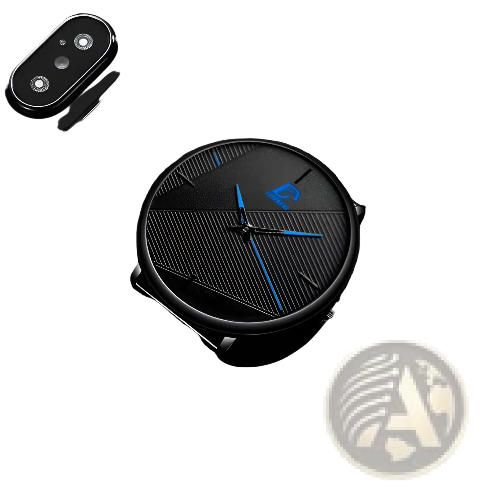 Minimalist black mesh quartz watch men with sleek design bold blue hands and geometric dial patterns
