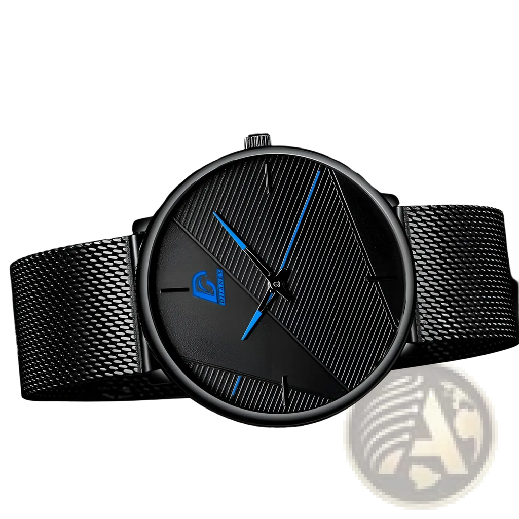 Minimalist black mesh quartz watch for men with a sleek design, blue hands, and subtle logo on the dial