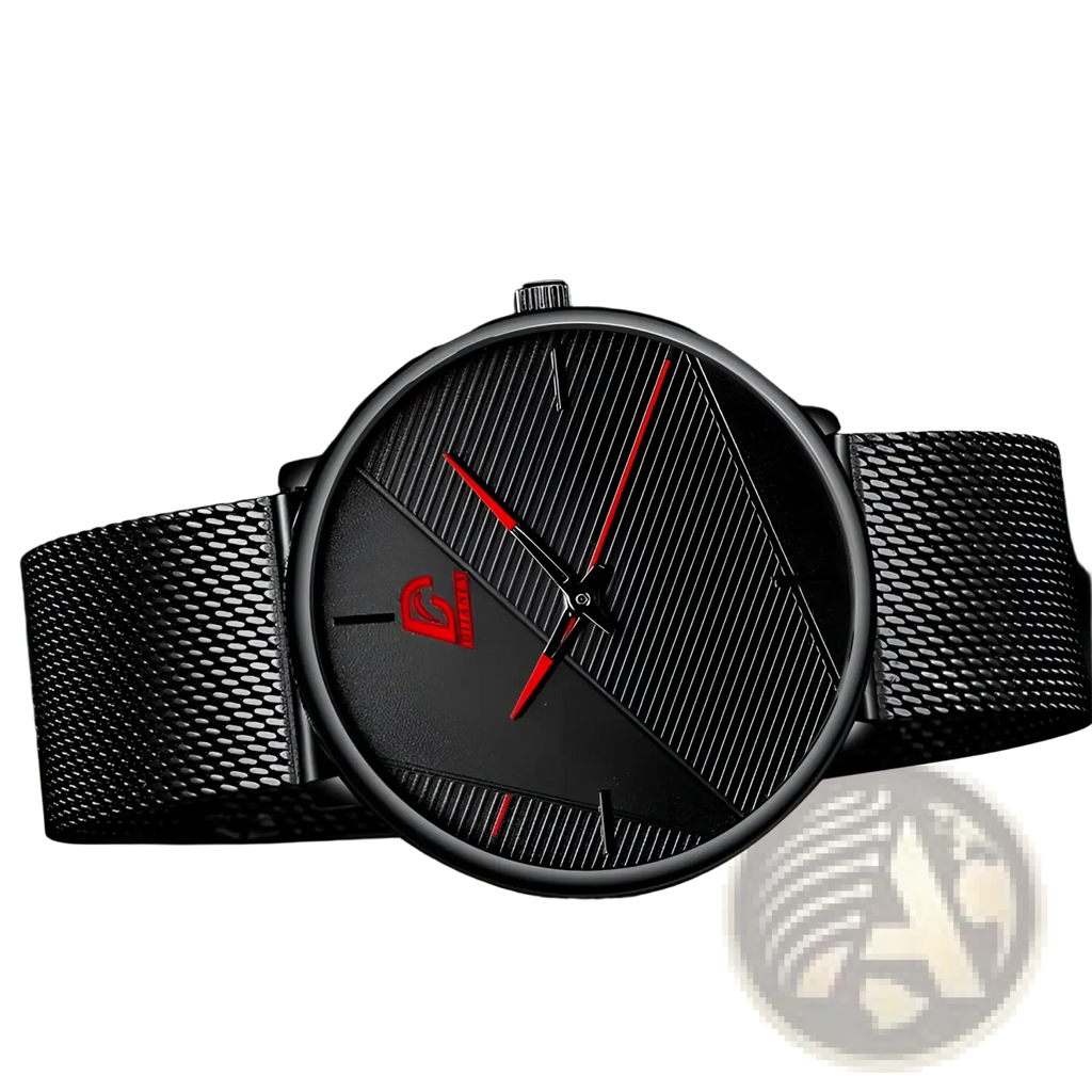 Minimalist black mesh quartz watch for men with sleek design red hands and subtle logo on the dial