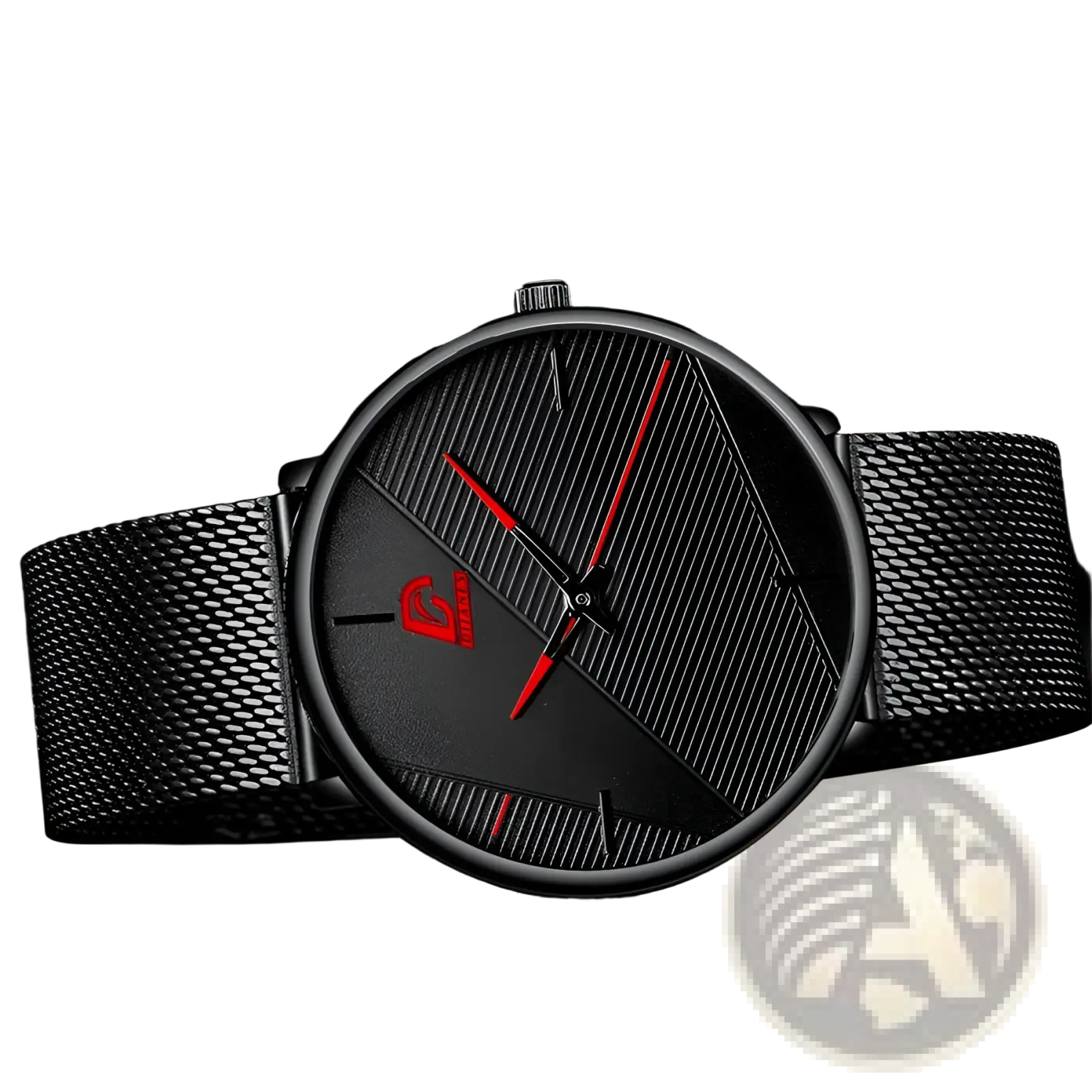 Minimalist black mesh quartz watch for men with sleek design red hands and subtle logo on the dial
