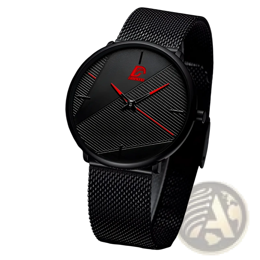 Minimalist black mesh quartz watch for men with sleek design and bold red hands and hour markers on textured dial
