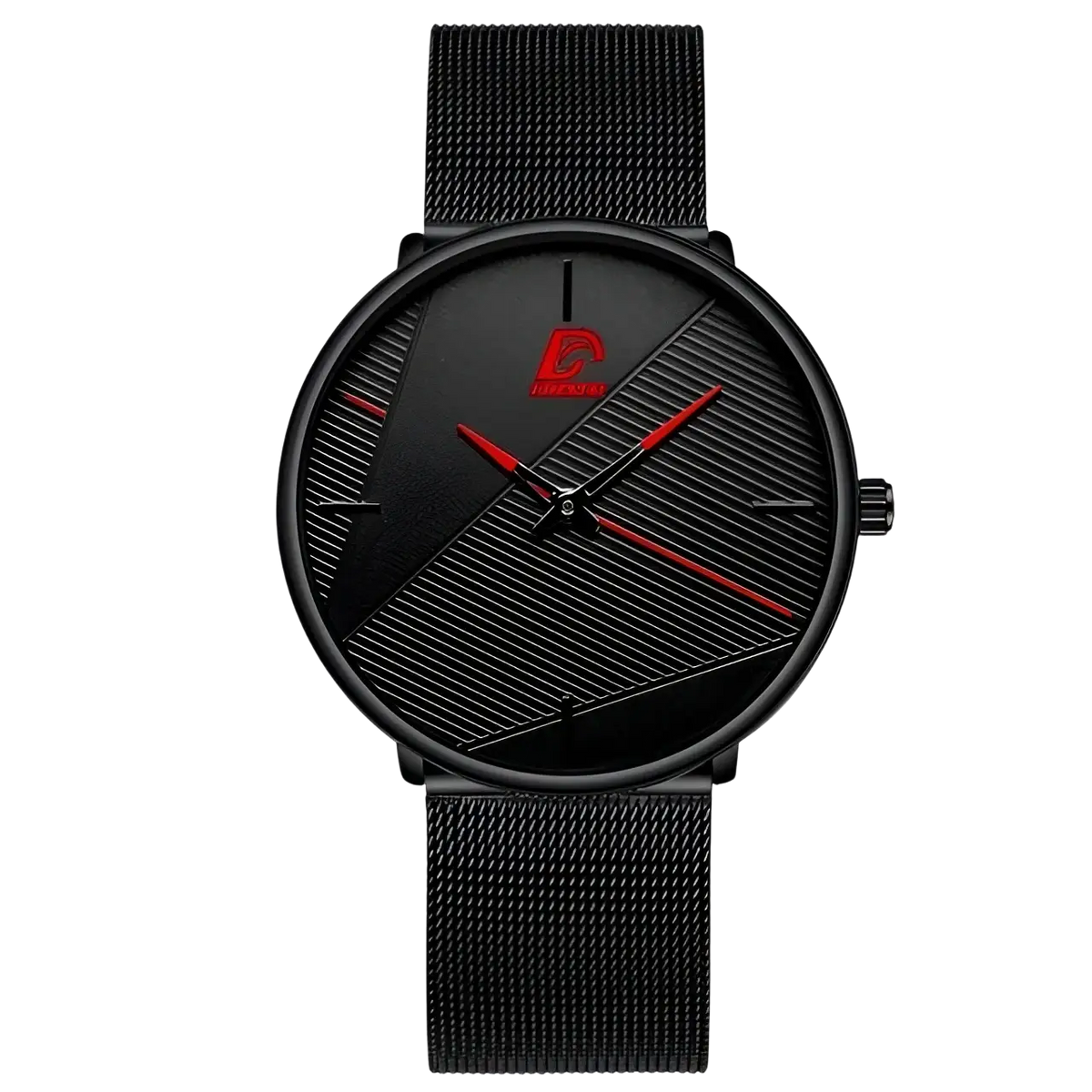 Minimalist black mesh quartz watch for men with sleek black dial, bold red hands, geometric pattern, and red logo