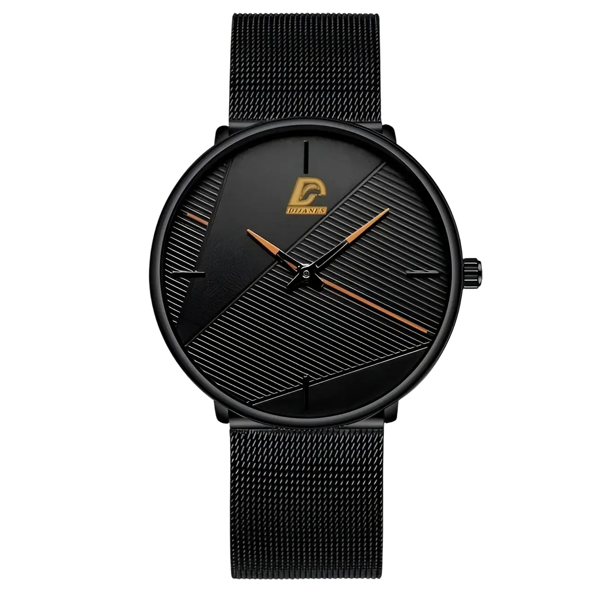Minimalist black mesh quartz watch for men with a sleek black dial, diagonal textured stripes, and gold-toned hands and logo