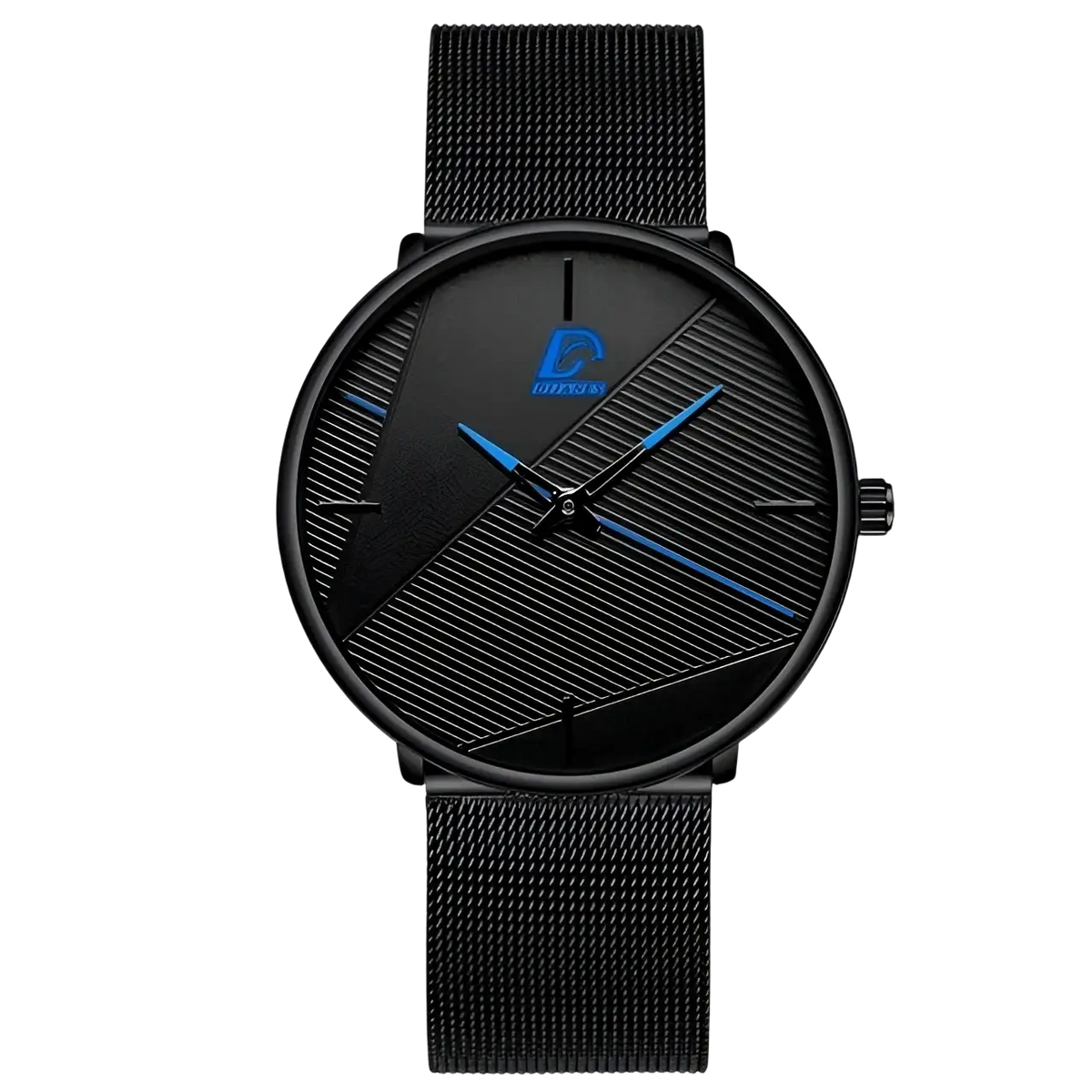 Minimalist black mesh quartz watch for men with sleek black dial blue accents and diagonal striped patterns