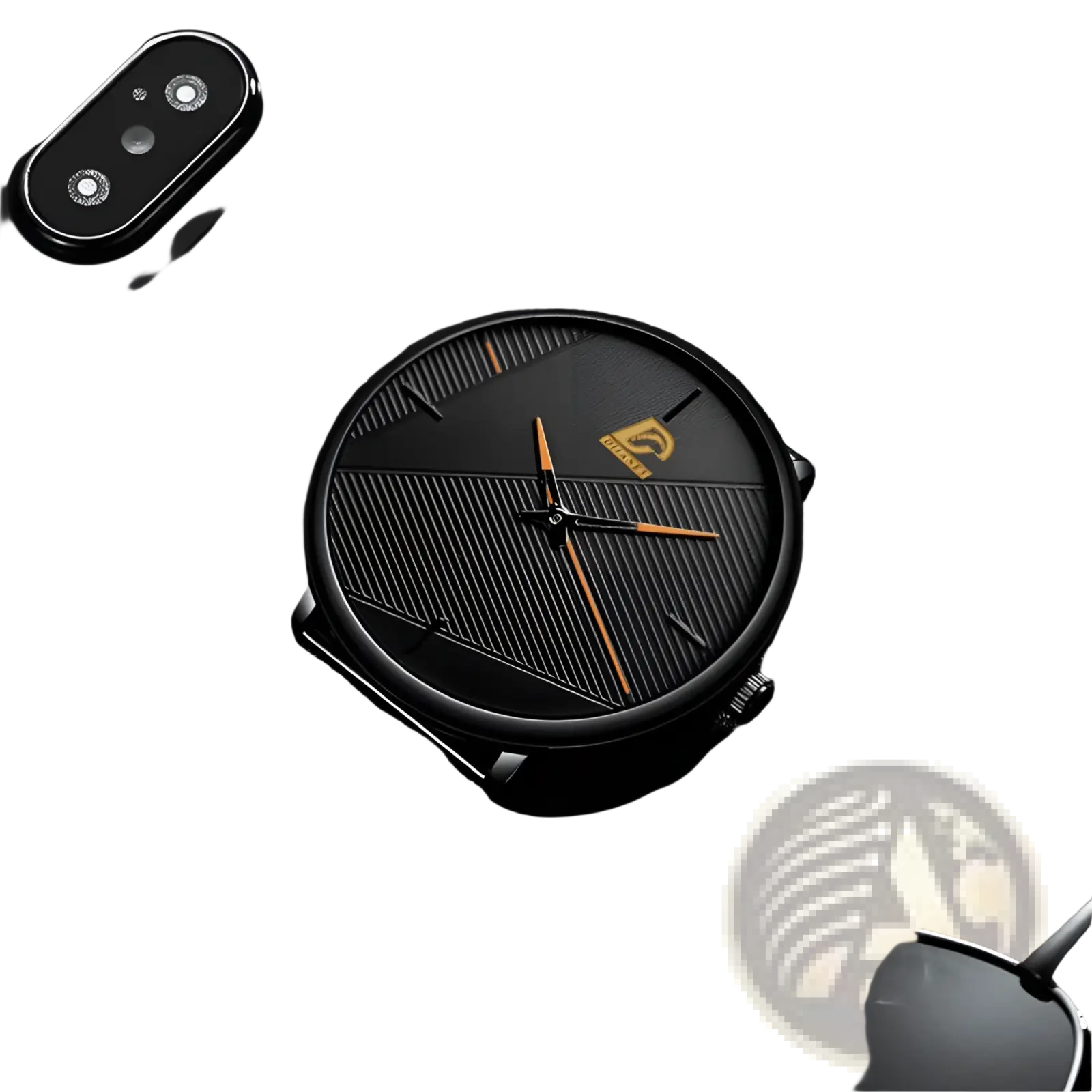 Minimalist black mesh quartz watch for men with sleek black dial, diagonal line patterns, gold-tone hands, and golden logo