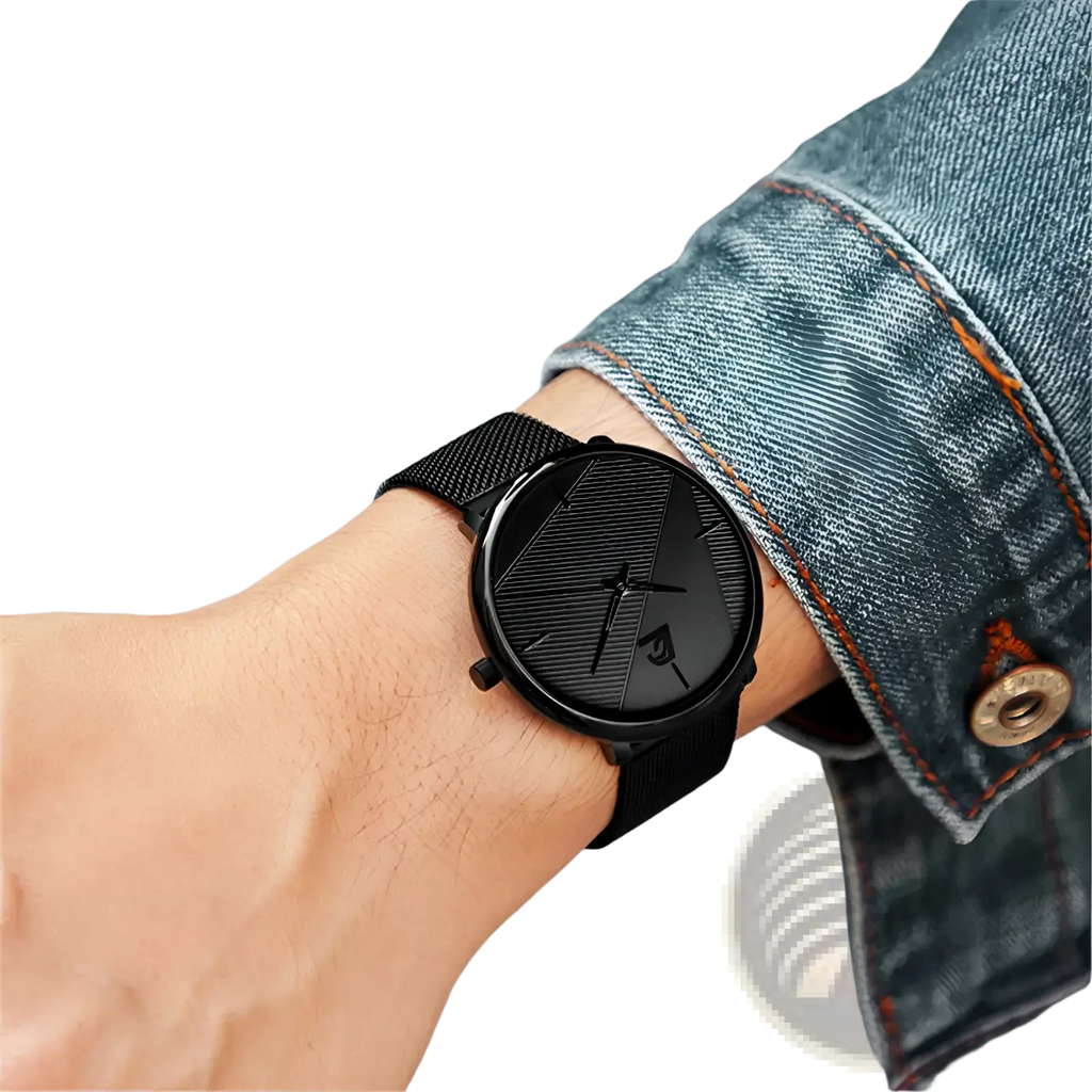 Minimalist black mesh quartz watch men with a sleek dial, subtle diagonal texture, and slim hands