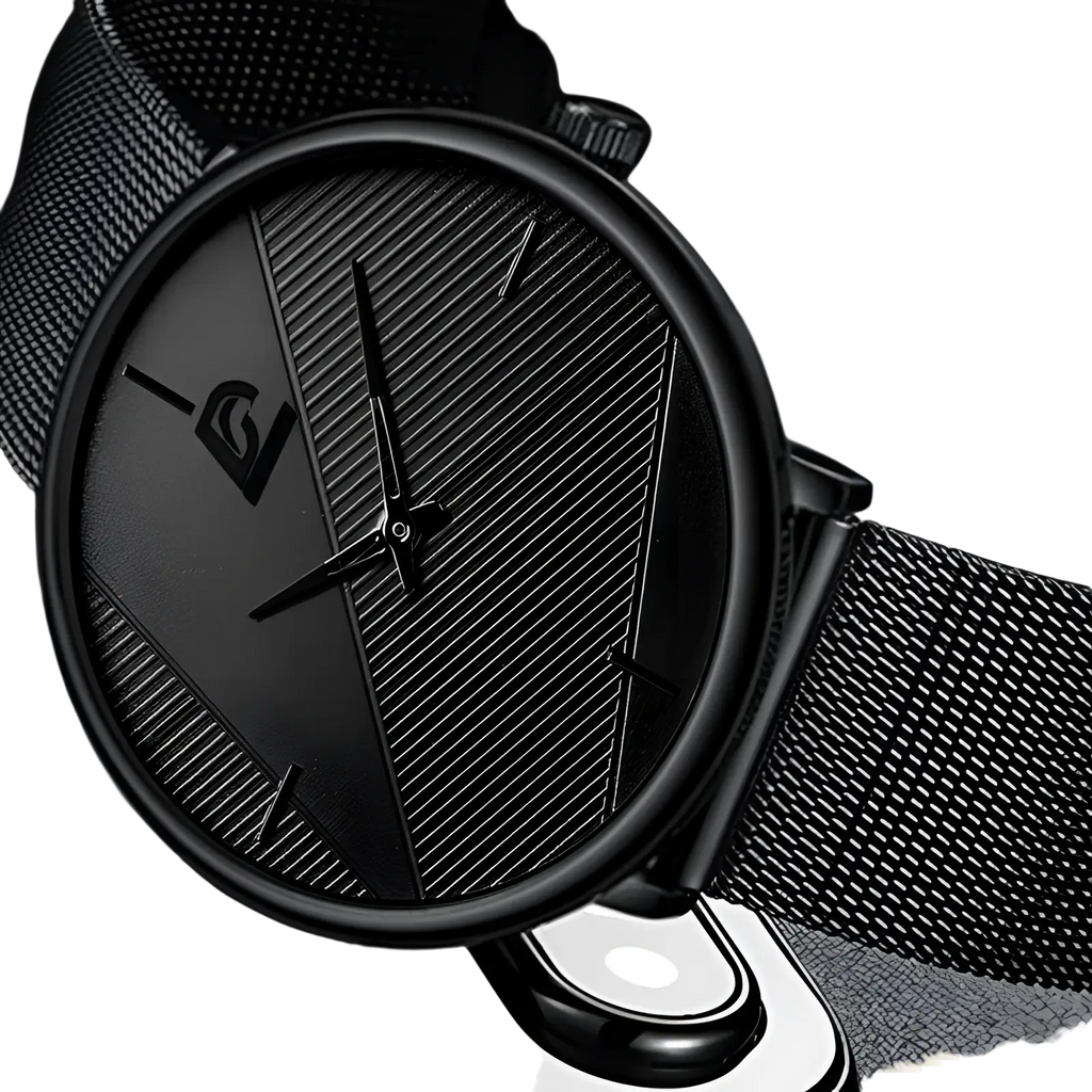 Minimalist black mesh quartz watch for men with a sleek dial featuring diagonal texturing and subtle branding