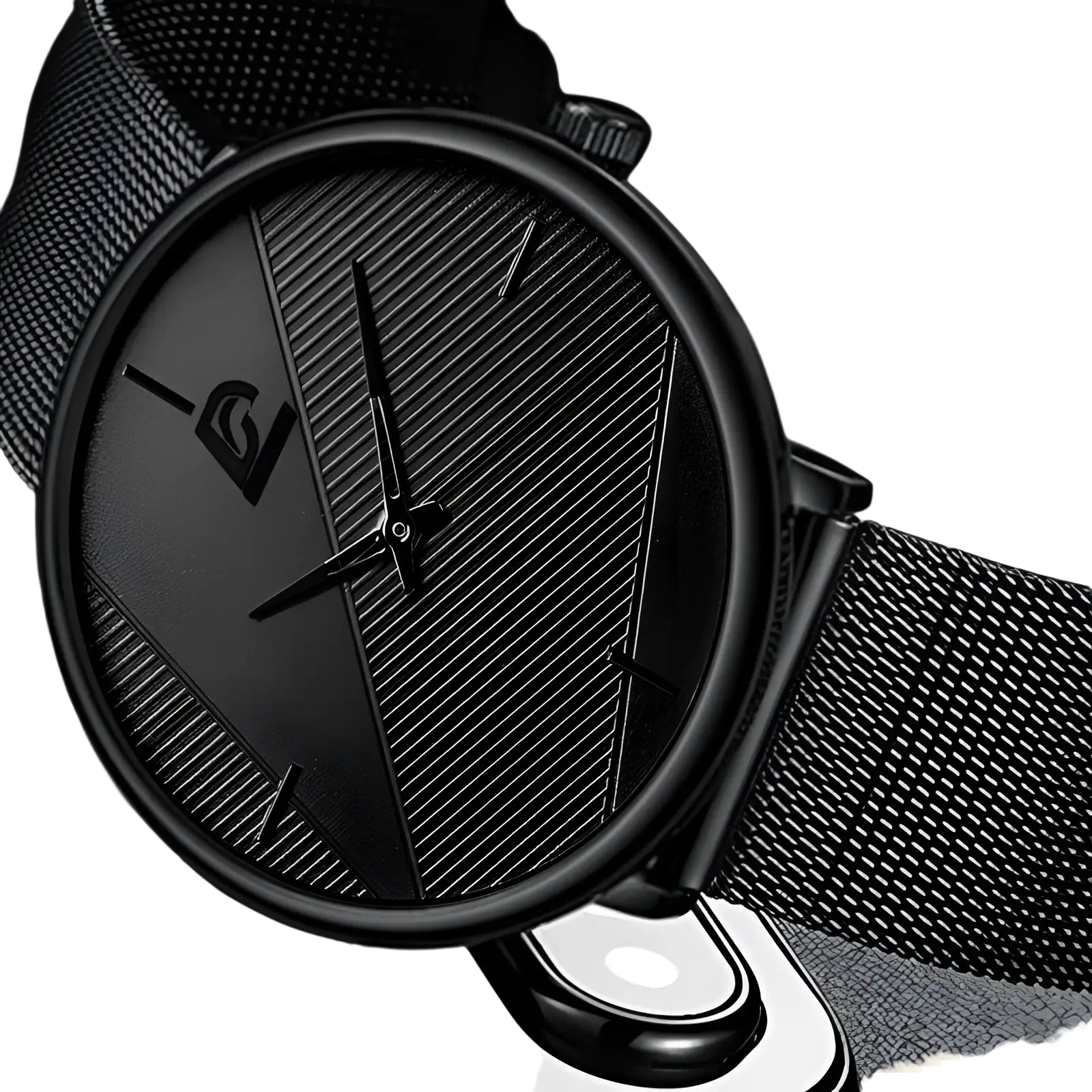 Minimalist black mesh quartz watch for men with a sleek dial featuring diagonal texturing and subtle branding