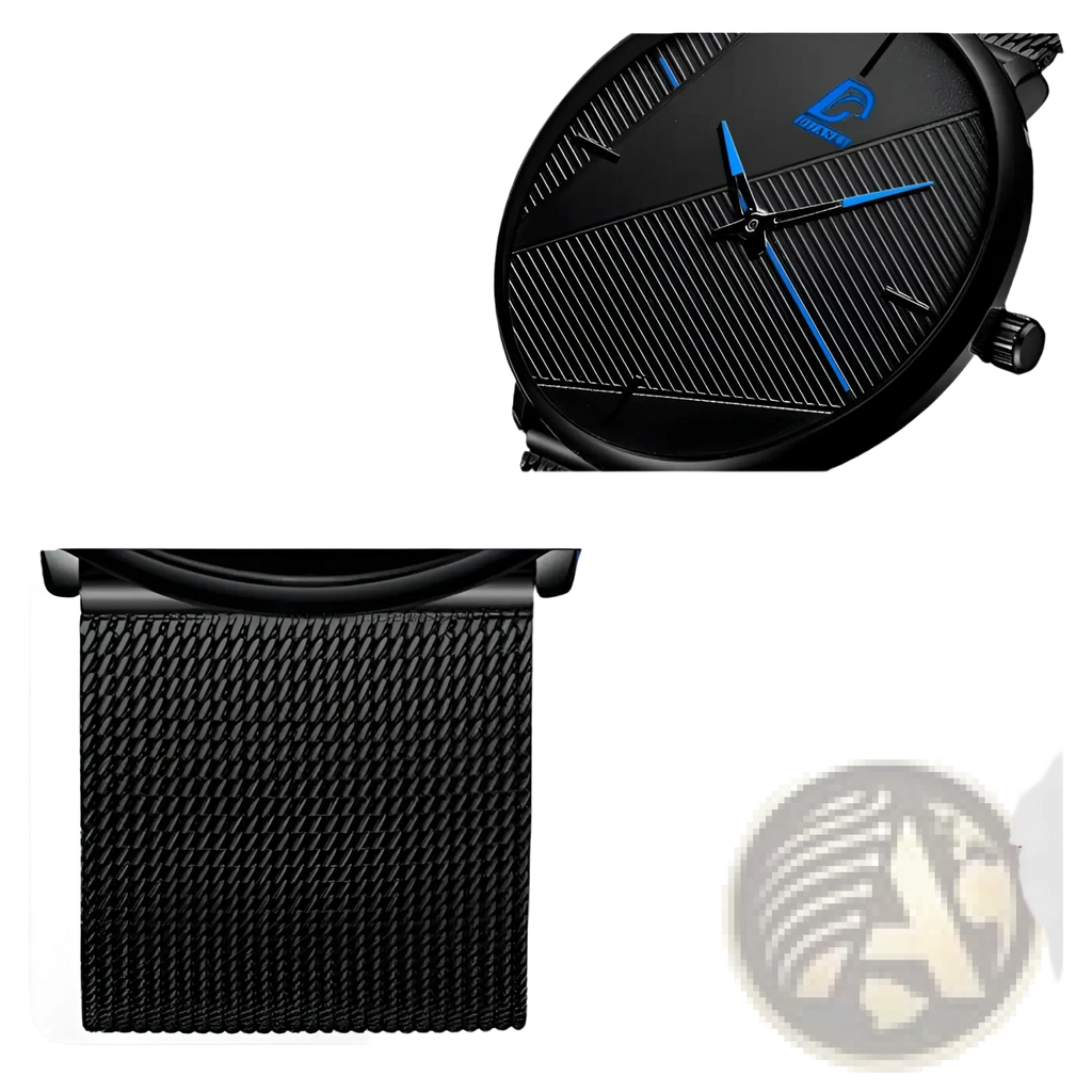 Minimalist black mesh quartz watch for men with a textured dial blue hands and stainless steel mesh strap