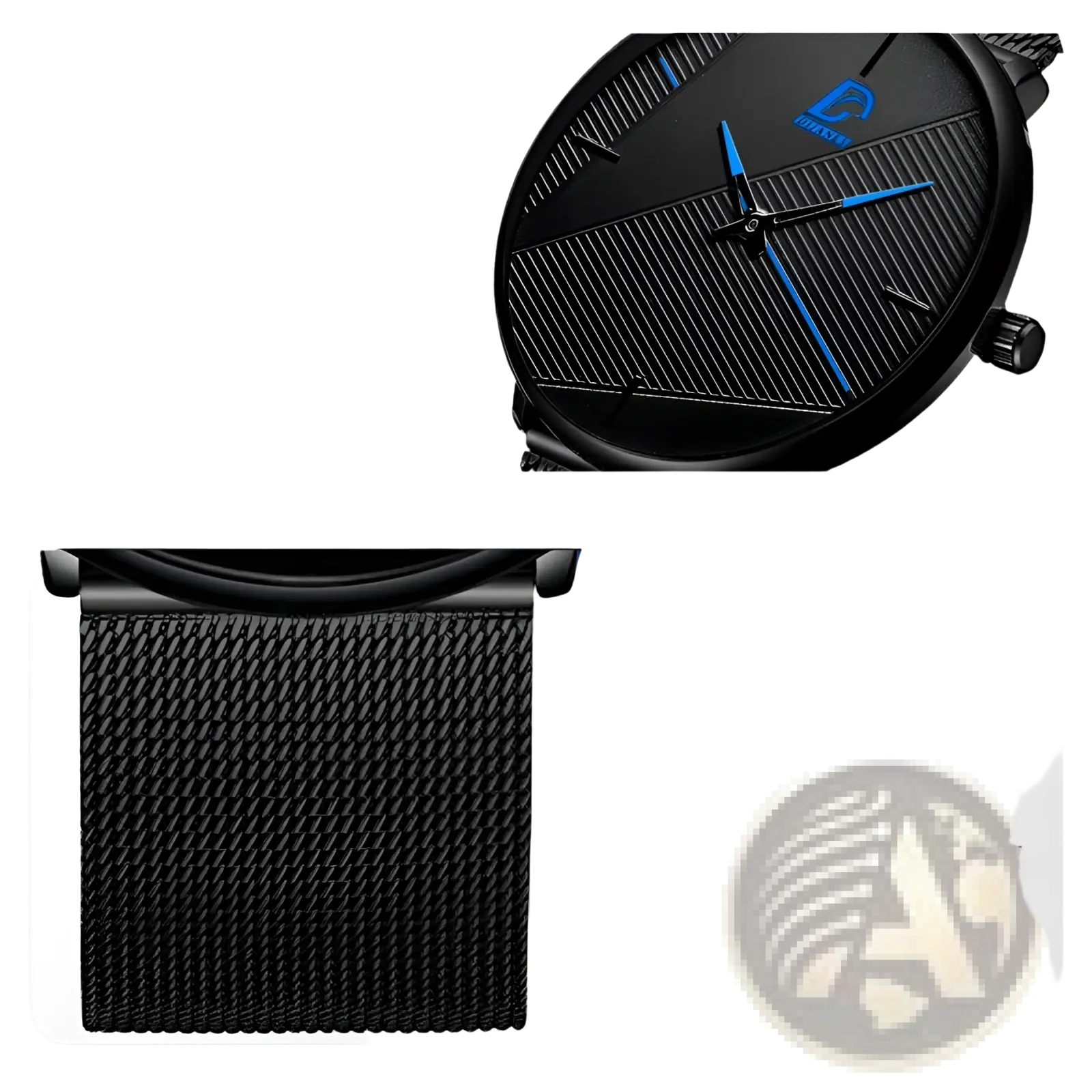 Minimalist black mesh quartz watch for men with a textured dial blue hands and stainless steel mesh strap