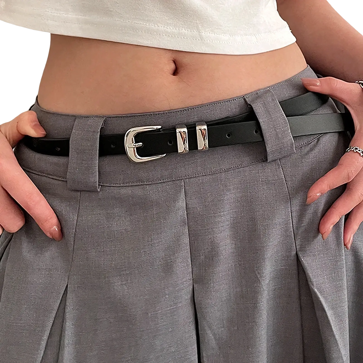 Minimalist black pu leather belt with silver buckle and two rectangular metal plates for a sleek finish
