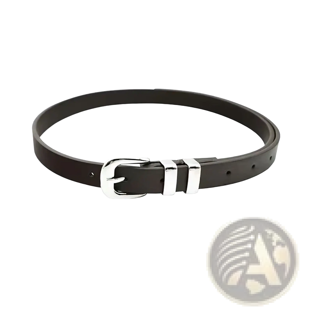 Dark brown leather belt with a silver-toned buckle and rectangular metal adjusters for minimalist style