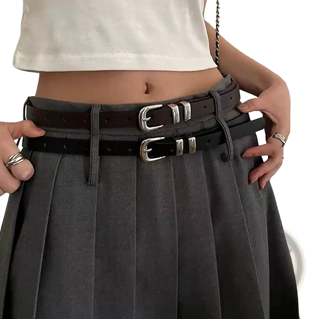 Minimalist black pu leather belt with double-layer design silver-toned buckles and matching metal hardware