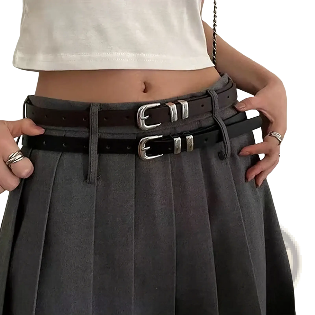 Minimalist black pu leather belt with double-layer design silver-toned buckles and matching metal hardware
