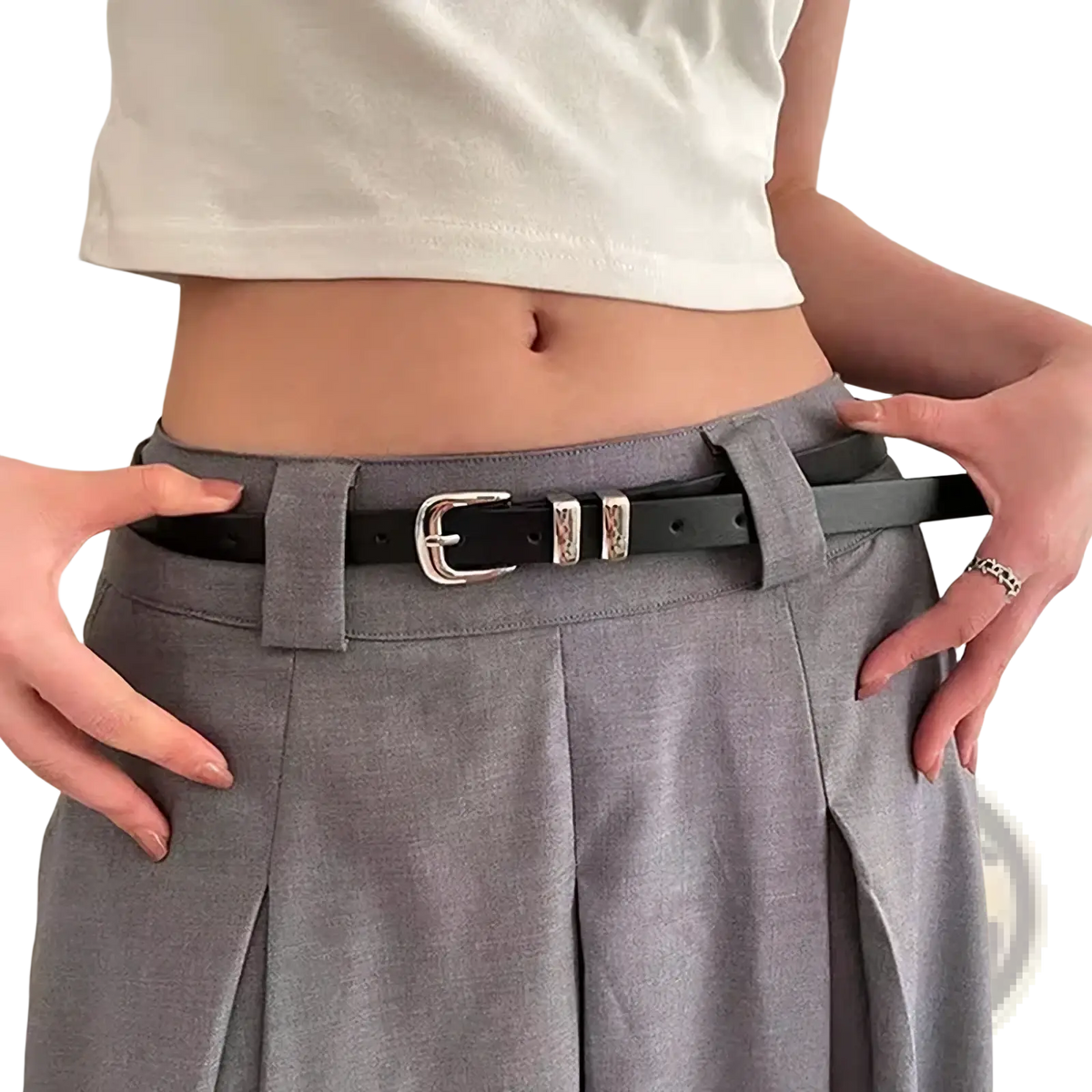Minimalist black pu leather belt with silver buckle and decorative rectangular silver-toned plates