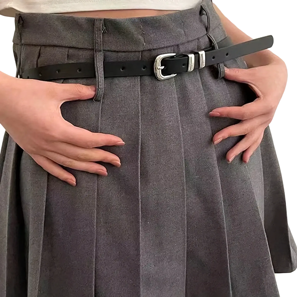 Minimalist black pu leather belt with silver buckle and two rectangular metal plates for stylish fastening